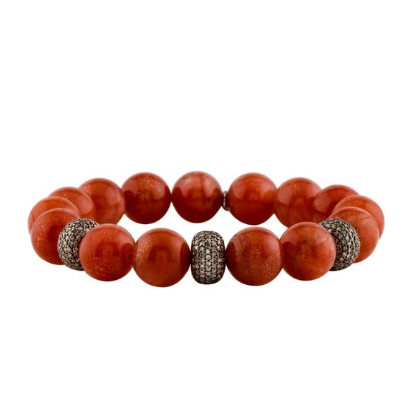 SHERYL LOWE SUNSTONE & DIAMOND 3.13CTWSTERLING SILVER 925 BEAD BRACELET